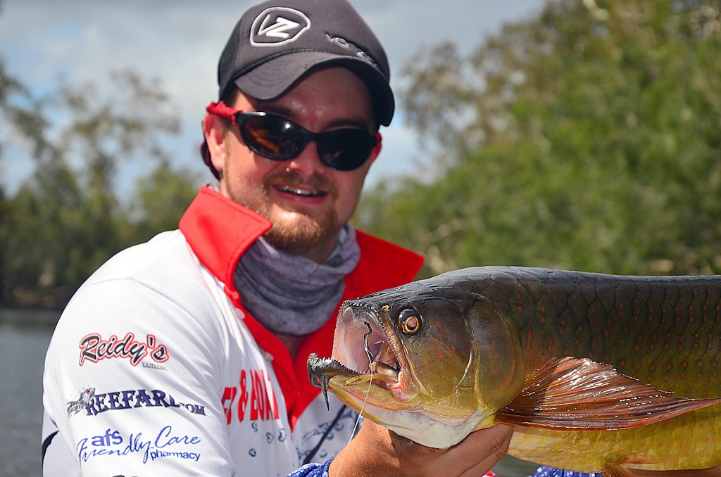 Check out the dental hardware on that saratoga!  Lee was only using 20lb leader and was lucky his worm hook found the corner of the fish's jaw. © Lee Brake